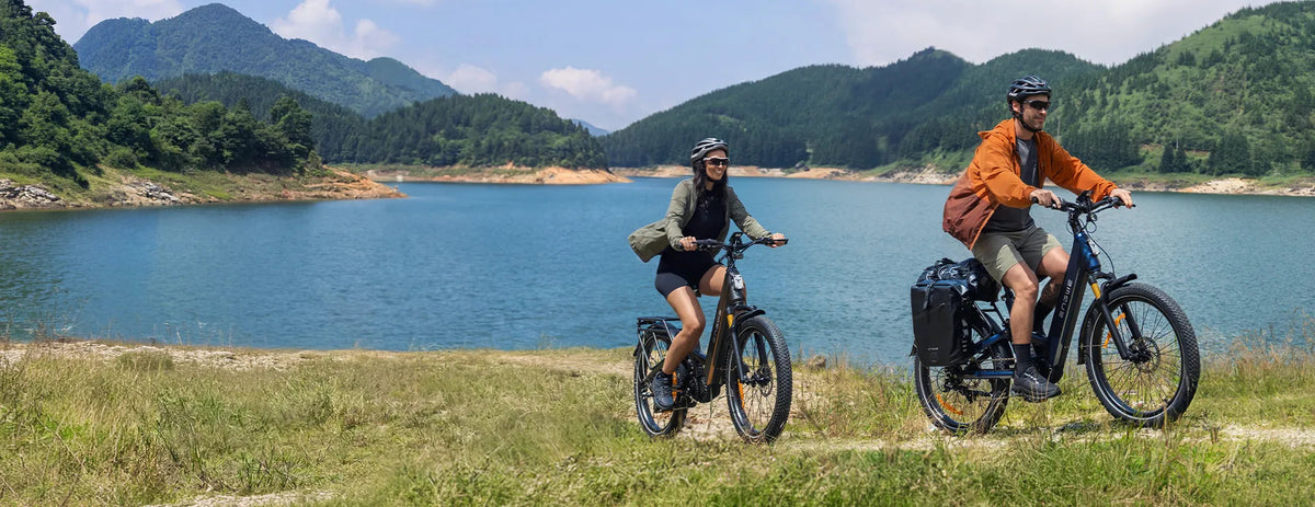 ENGWE E26 3.0 Pro riders exploring a lakeside trail