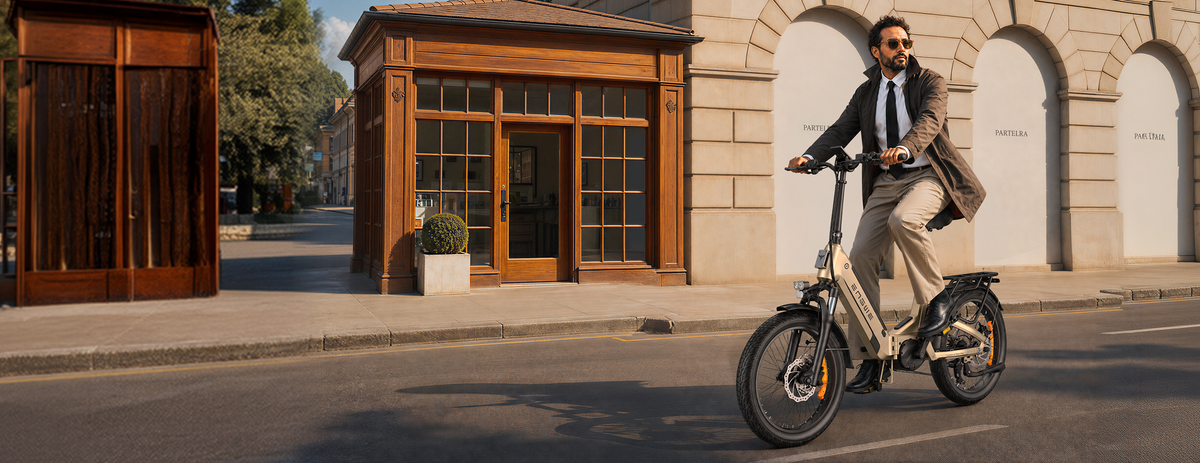 Rider on an ENGWE L20 3.0 Pro outside a city café